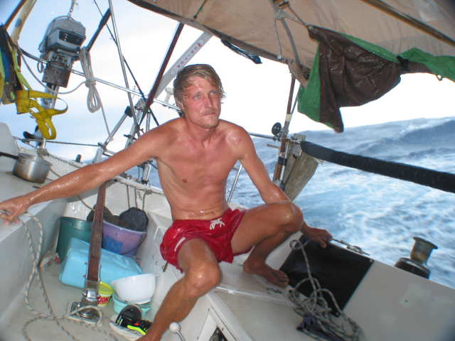 This picutre was actually taken for fun?. Me and Darryl took turns on pretending to be stressed in a squall. See how i am holding on to ropes for fun and not even tuching the tiller, hehe.